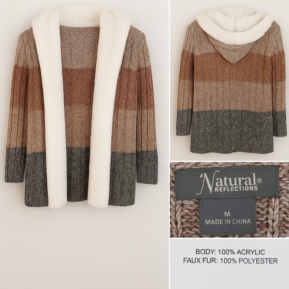 Natural Reflections‎ Medium Cardigan Sweater Faux Fur Hooded Open Front Neutral